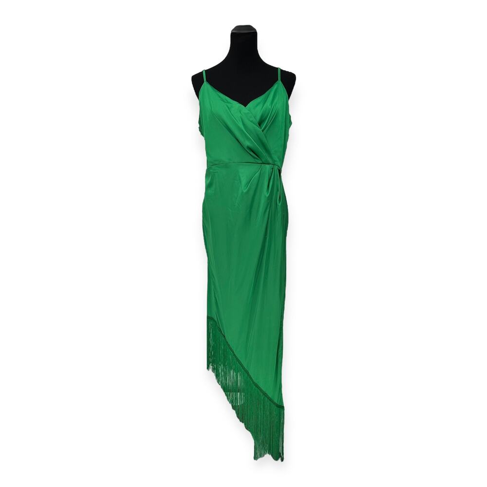 Showpo | Size 12 | Rholie Emerald Midi Plunge Neck Fringe Hem Fixed Wrap Dress - Picture 4 of 11